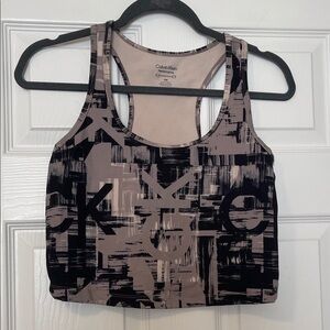 Calvin Klein Taupe and Black Logo-Print Crop Sports Tank